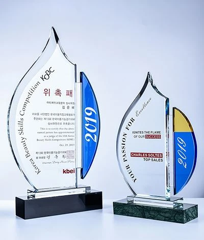 Curved crystal award with top peak and printing on front-1