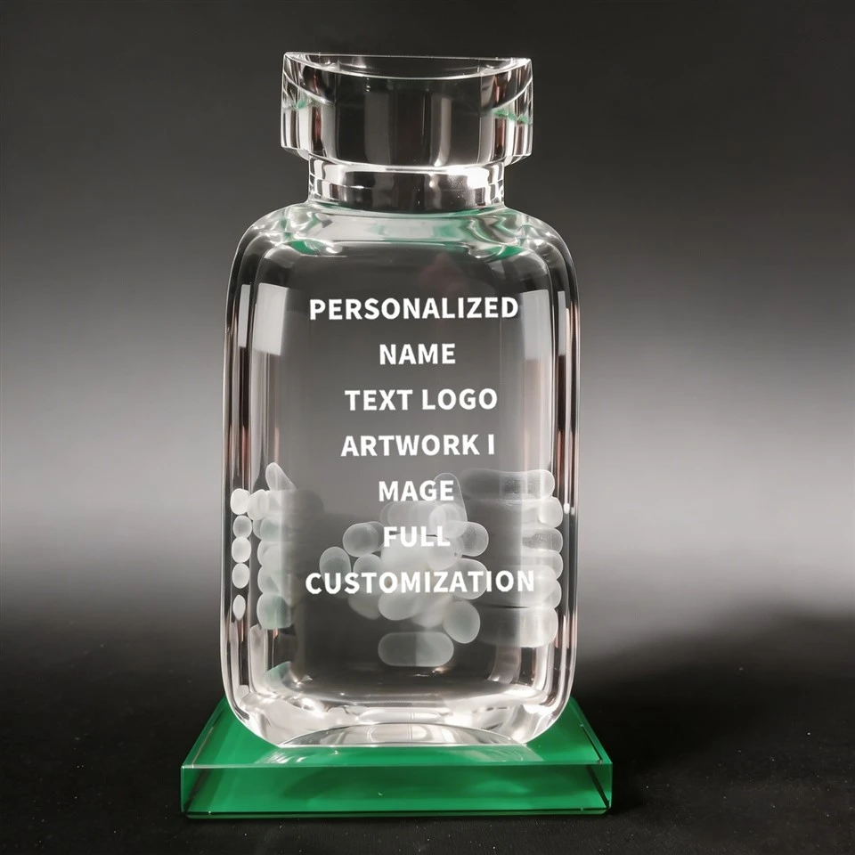 Pill Bottle Shape Green Base Crystal Trophy suppliers